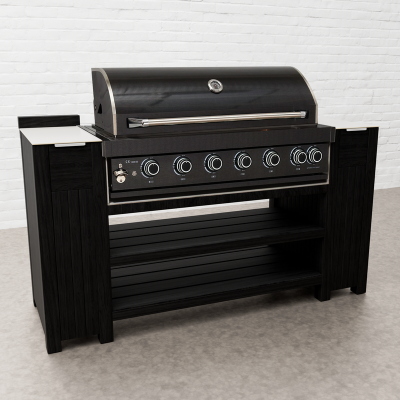 Draco Grills Teak Carbon Line 6 Burner Black Stainless Steel BBQ Cabinet with Ceramic Top