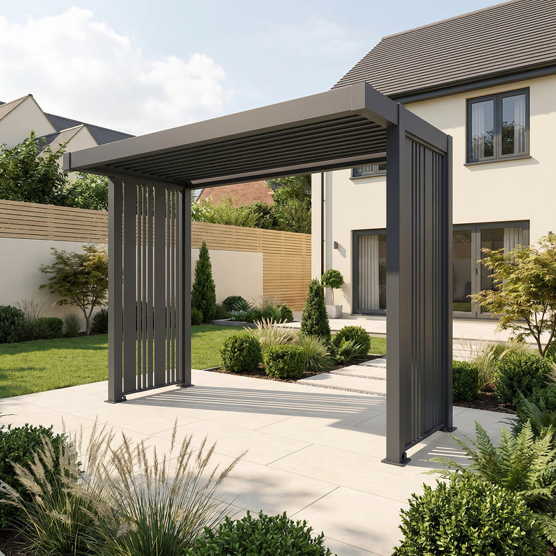 Bracken Outdoors Grey Aluminium BBQ Pergola with Vario Slat Laser Cut Privacy Panels - Image 2