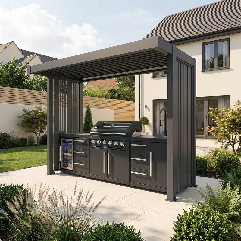 Bracken Outdoors Grey Aluminium BBQ Pergola with Vario Slat Laser Cut Privacy Panels - Image 6