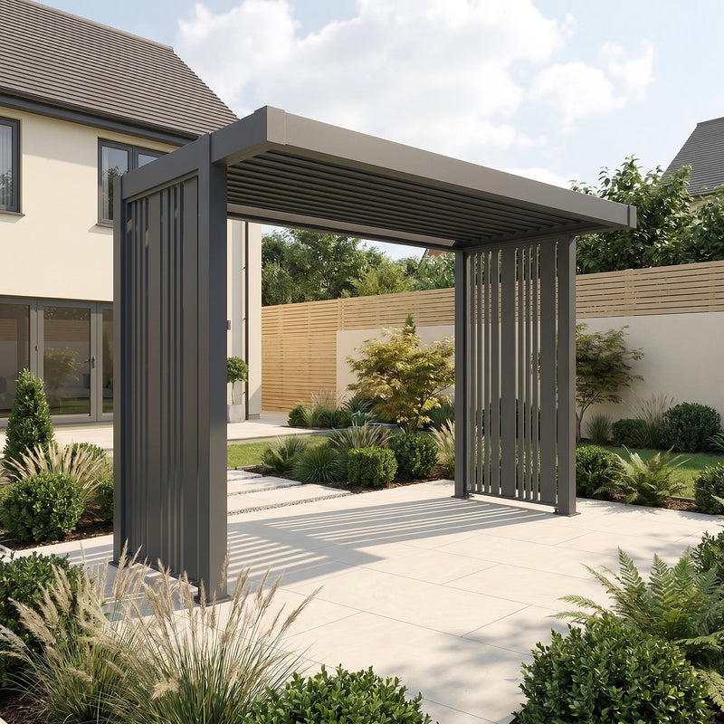 Bracken Outdoors Grey Aluminium BBQ Pergola with Vario Slat Laser Cut Privacy Panels - Image 4