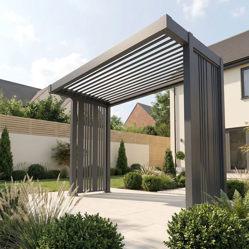 Bracken Outdoors Grey Aluminium BBQ Pergola with Vario Slat Laser Cut Privacy Panels - Image 5