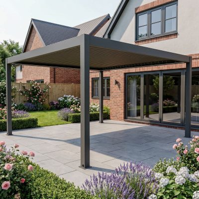 Bracken Outdoors Eclipse Plus 4m x 4m Grey Square Motorised Aluminium Garden Pergola with Lights