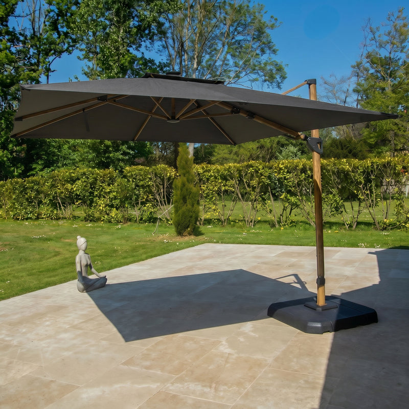 Bracken Outdoors Wood Effect 3m Square Grey Cantilever Parasol With Lights & FREE Base - Image 4