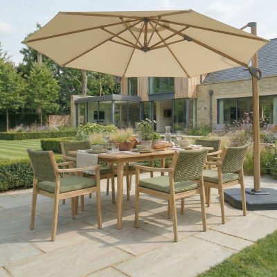 Bracken Outdoors Wood Effect 3.3m Round Ecru Cantilever Parasol With Lights & FREE Base