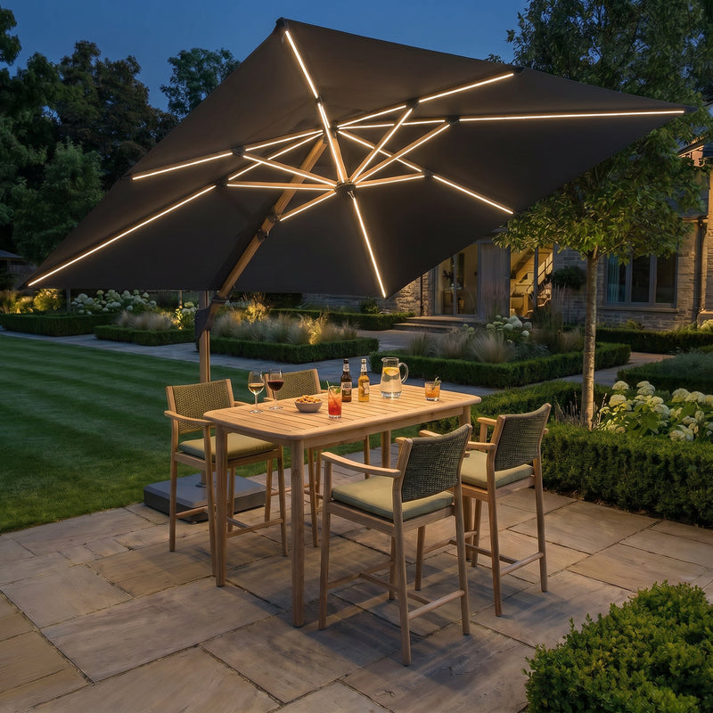 Bracken Outdoors Wood Effect 3m Square Grey Cantilever Parasol With Lights & FREE Base - Image 3