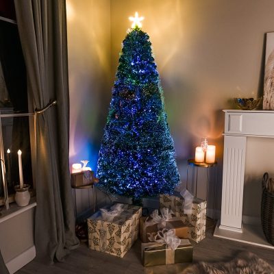 2ft - 7ft Green Pin Prick Fibre Optic Christmas Tree with Multi Coloured Fibre Optic Lights
