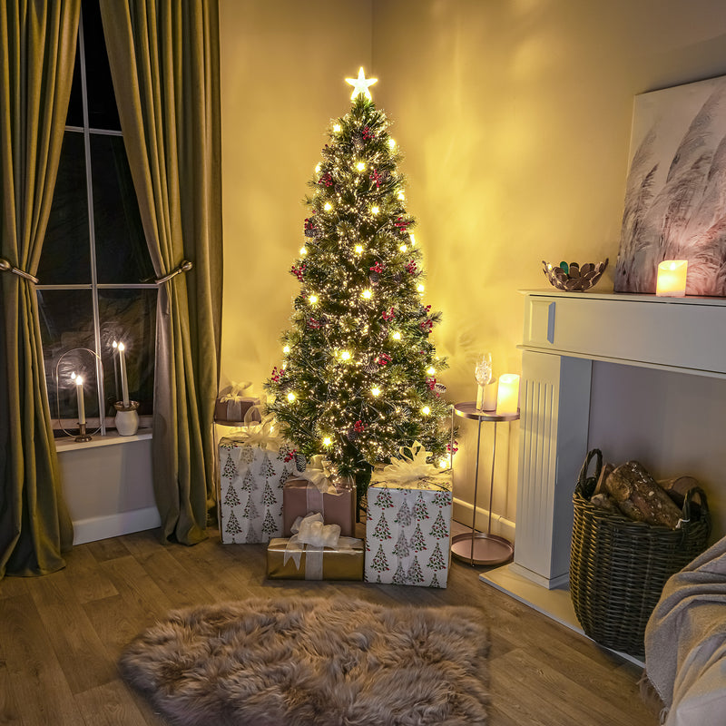 Green Fibre Optic Christmas Tree 3ft - 7ft with Berries, Cones and Warm White LED Stars - Image 8