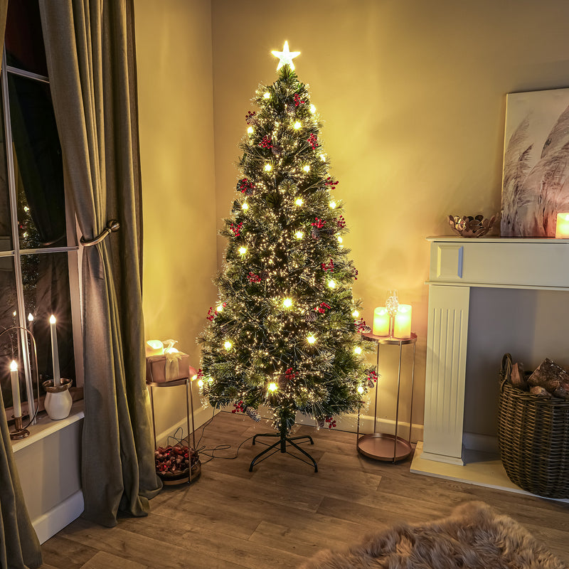 Green Fibre Optic Christmas Tree 3ft - 7ft with Berries, Cones and Warm White LED Stars - Image 6