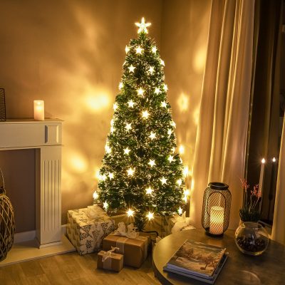 2ft - 7ft Green Fibre Optic Christmas Tree with Warm White Fibre Optics, LED Lights and Stars
