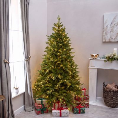 Basildon Artificial Pre-Lit Green PE/PVC Christmas Tree 6FT, 7FT, 9FT