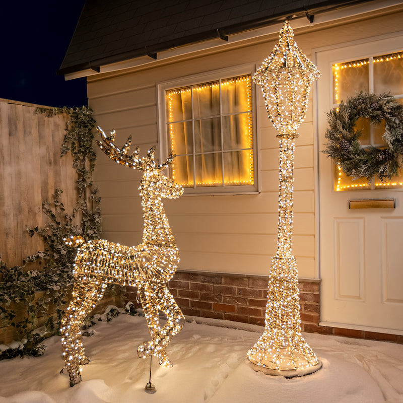 Pre-Lit Christmas Gold Laser 1.8m Lamp Post with Reindeer and Warm White LED Micro-Lights