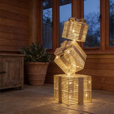 Pre-Lit Christmas Gold Laser Stack of Presents 95cm with 600 Warm White LED Micro-Lights