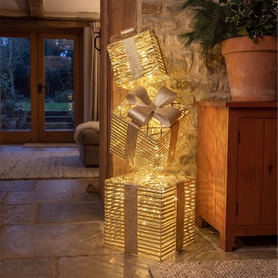 Pre-Lit Christmas Gold Laser Stack of Presents 1.5m with 2100 Warm White LED Micro-Lights