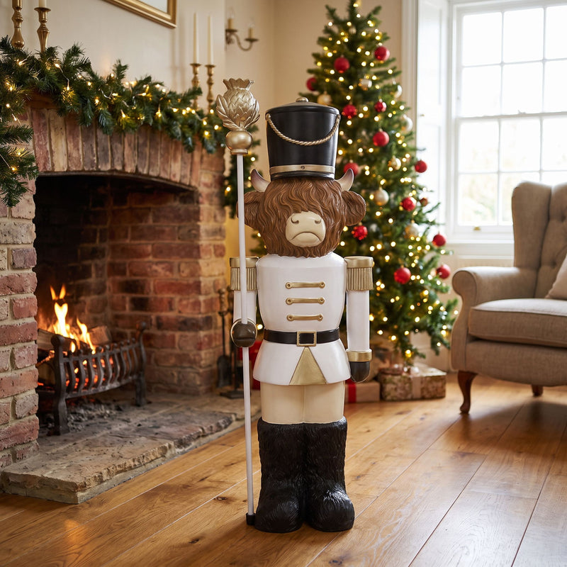 4ft Highland Cow Large Nutcracker with Staff and White LED Lights for Halloween or Christmas - Image 2