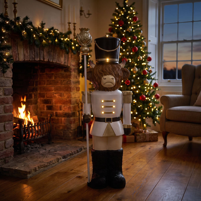 4ft Highland Cow Large Nutcracker with Staff and White LED Lights for Halloween or Christmas - Image 4