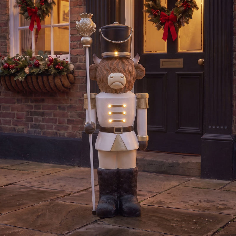 4ft Highland Cow Large Nutcracker with Staff and White LED Lights for Halloween or Christmas