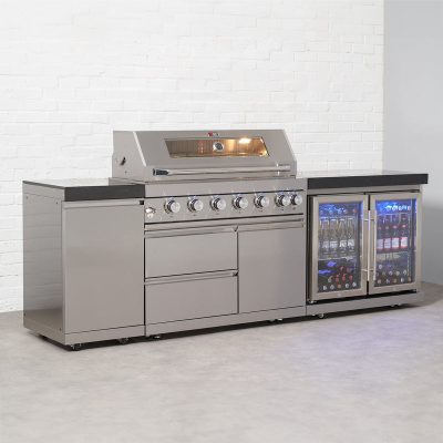 Draco Grills 6 Burner BBQ Modular Outdoor Kitchen with Gas Bottle Cabinet and Double Fridge