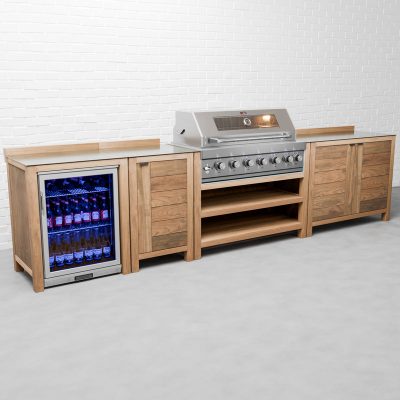 Draco Grills Teak 6 Burner Outdoor Kitchen with Modular Single & Double Cupboards and Single Fridge
