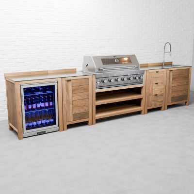 Draco Grills Teak 6 Burner Outdoor Kitchen with Modular Double Fridge, Sink, Single Cupboard, Triple Drawers