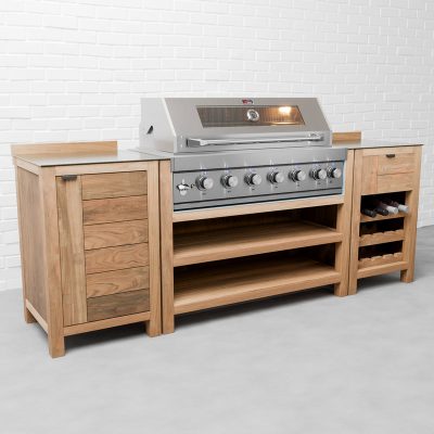 Draco Grills Teak 6 Burner Outdoor Kitchen with Modular Single Cupboard and Wine Cabinet