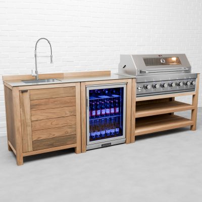 Draco Grills Teak 6 Burner Outdoor Kitchen with Modular Sink and Single Fridge