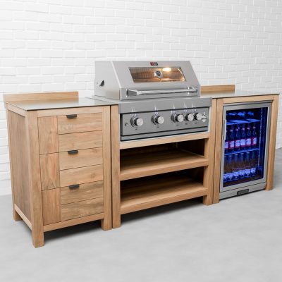 Draco Grills Teak 4 Burner Outdoor Kitchen with Modular Triple Drawer Unit and Single Fridge