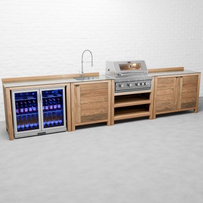 Draco Grills Teak 4 Burner Outdoor Kitchen with Modular Double Cupboard, Sink, Double Fridge