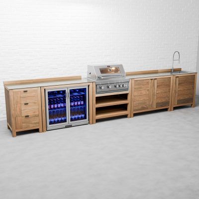 Draco Grills Teak 4 Burner Outdoor Kitchen with Modular Triple Drawer Unit, Double Cupboard, Sink, Double Fridge