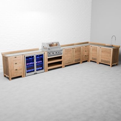 Draco Grills Teak 4 Burner Outdoor Kitchen with Modular Cupboards, Drawers, Sink, Double Fridge, Corner Cabinet