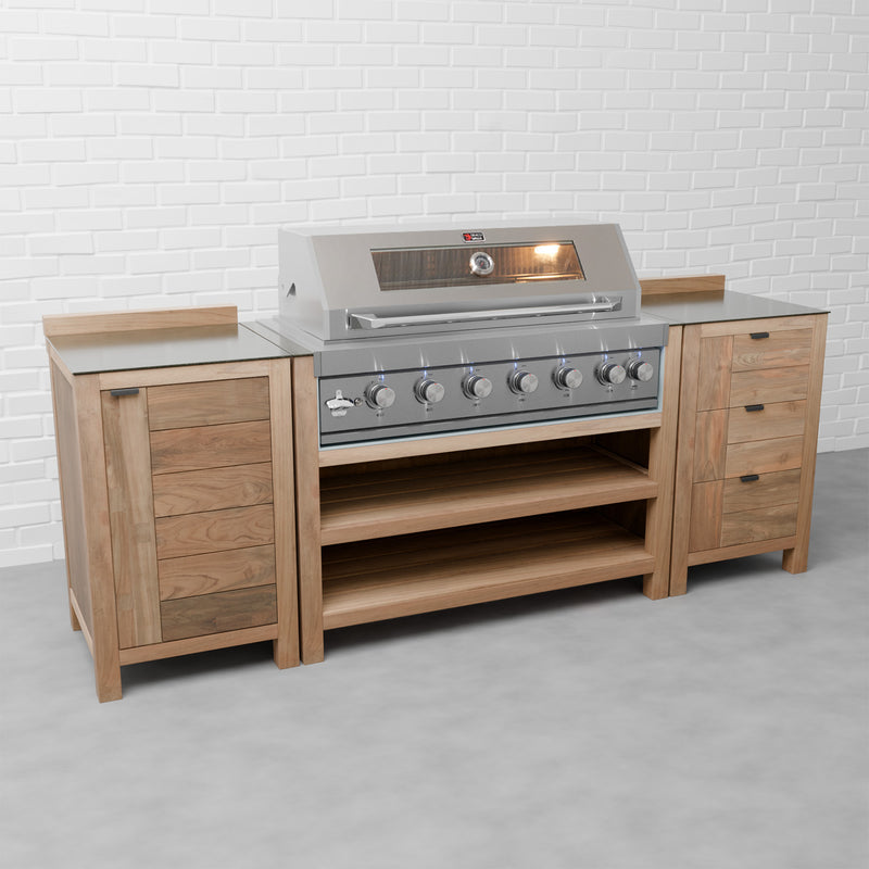 Draco Grills Teak 6 Burner Outdoor Kitchen with Modular Single Cupboard and Triple Drawer Unit