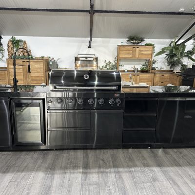 Ex Display Draco Grills 6 Burner Black Stainless Steel Barbecue with Sink Fridge Drawer and Cupboard