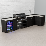 Draco Grills Teak Carbon Line Modular Outdoor Kitchen 6 Burner Black Stainless Steel Barbecue with Sink, Single Fridge and Cupboard