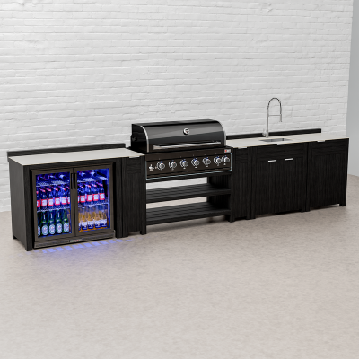 Draco Grills Teak Carbon Line Modular Outdoor Kitchen 6 Burner Black Stainless Steel Barbecue with Double Fridge, Sink and Cupboard