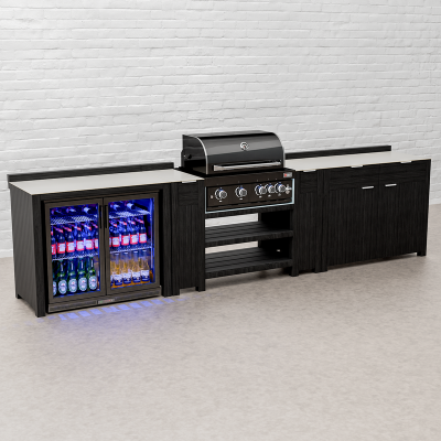 Draco Grills Teak Carbon Line Modular Outdoor Kitchen 4 Burner Black Stainless Steel Barbecue with Double Drawer and Double Fridge Cabinet