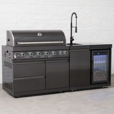 Draco Grills 6 Burner BBQ Black Stainless Steel Modular Outdoor Kitchen with Fridge and Sink Unit
