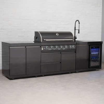 Draco Grills 6 Burner BBQ Black Stainless Steel Modular Outdoor Kitchen with Fridge and Sink Unit and Double Cabinet