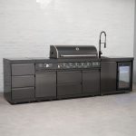 Draco Grills 6 Burner BBQ Black Stainless Steel Modular Outdoor Kitchen with Sear Station Triple Drawer and Fridge and Sink Unit