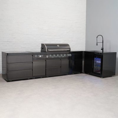 Draco Grills 6 Burner BBQ Black Stainless Steel L-Shape Modular Outdoor Kitchen with Sear Station Drawers and Fridge/Sink