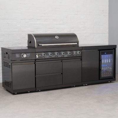 Draco Grills 6 Burner BBQ Black Stainless Steel Modular Outdoor Kitchen with Sear Station and Fridge Unit