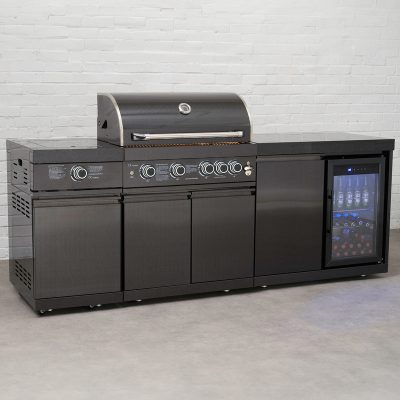 Draco Grills 4 Burner BBQ Black Stainless Steel Modular Outdoor Kitchen with Sear Station and Fridge Unit
