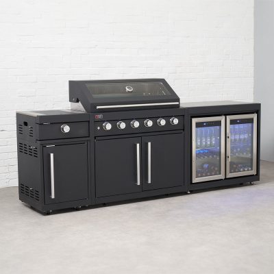 Draco Grills Fusion 6 Burner Black Outdoor Kitchen with Modular Side Burner and Double Fridge