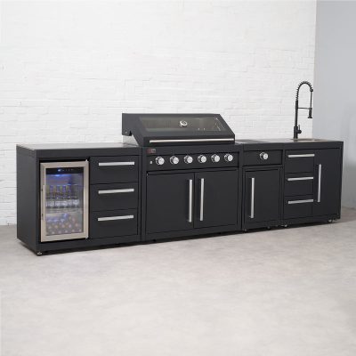 Draco Grills Fusion 6 Burner Black Outdoor Kitchen with Modular Side Burner, Sink, Single Fridge