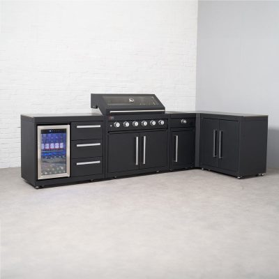 Draco Grills Fusion 6 Burner Black Outdoor Kitchen with Modular Side Burner, Single Fridge, 90 Degree Corner, Double Cupboard