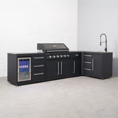 Draco Grills Fusion 6 Burner Black Outdoor Kitchen with Modular Side Burner, Single Fridge, Sink, 90 Degree Corner