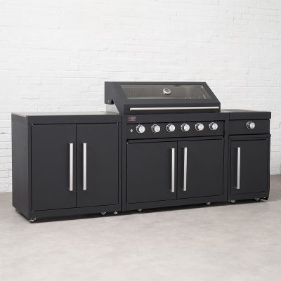 Draco Grills Fusion 6 Burner Black Outdoor Kitchen with Modular Side Burner and Double Cupboard