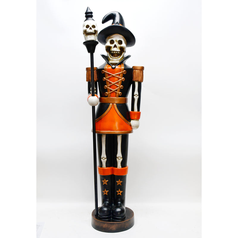 Halloween Skeleton 4ft Nutcracker Orange and Black with Skull Staff and LED Lights - Image 17