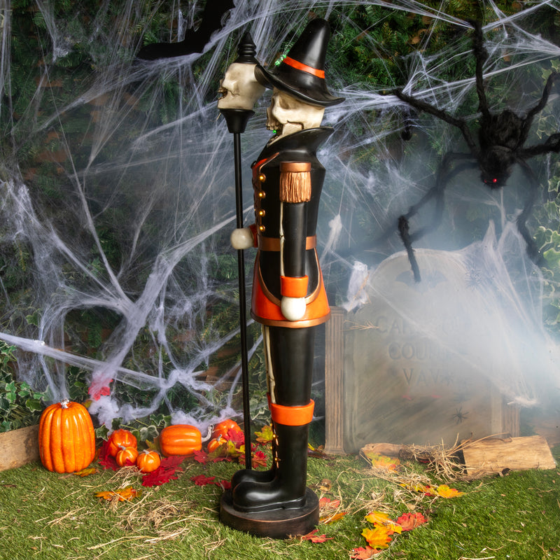Halloween Skeleton 4ft Nutcracker Orange and Black with Skull Staff and LED Lights - Image 7