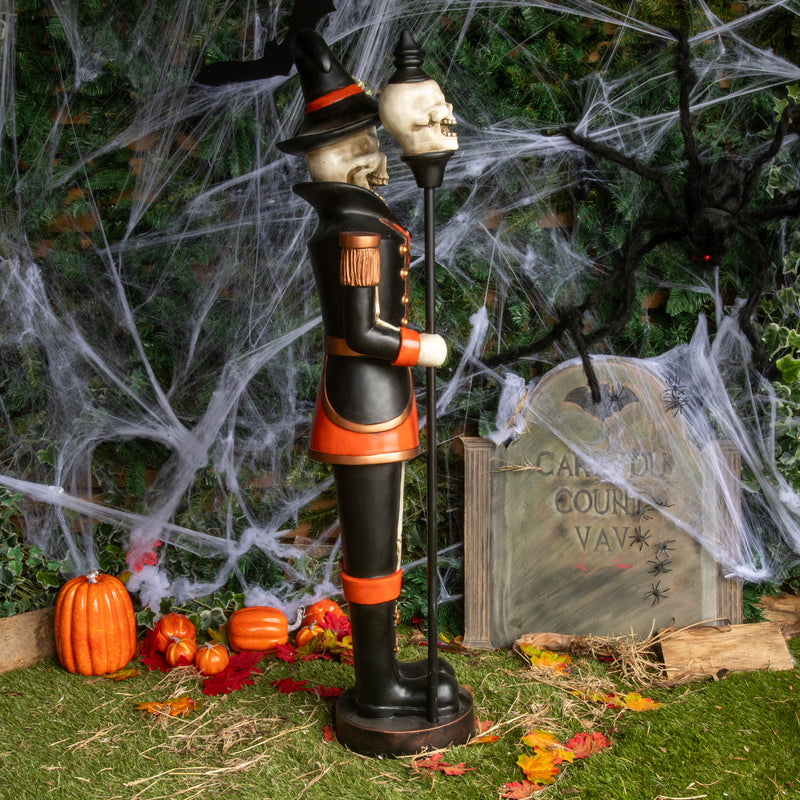 Halloween Skeleton 4ft Nutcracker Orange and Black with Skull Staff and LED Lights - Image 9