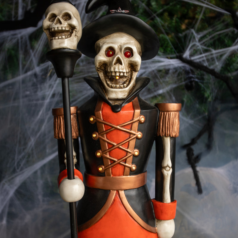 Halloween Skeleton 4ft Nutcracker Orange and Black with Skull Staff and LED Lights - Image 4