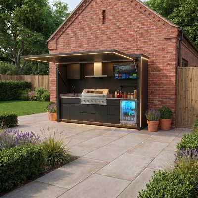 Draco Grills Outdoor Kitchen Garden Pod with 6 Burner Stainless Steel Barbecue, Sink and Fridge